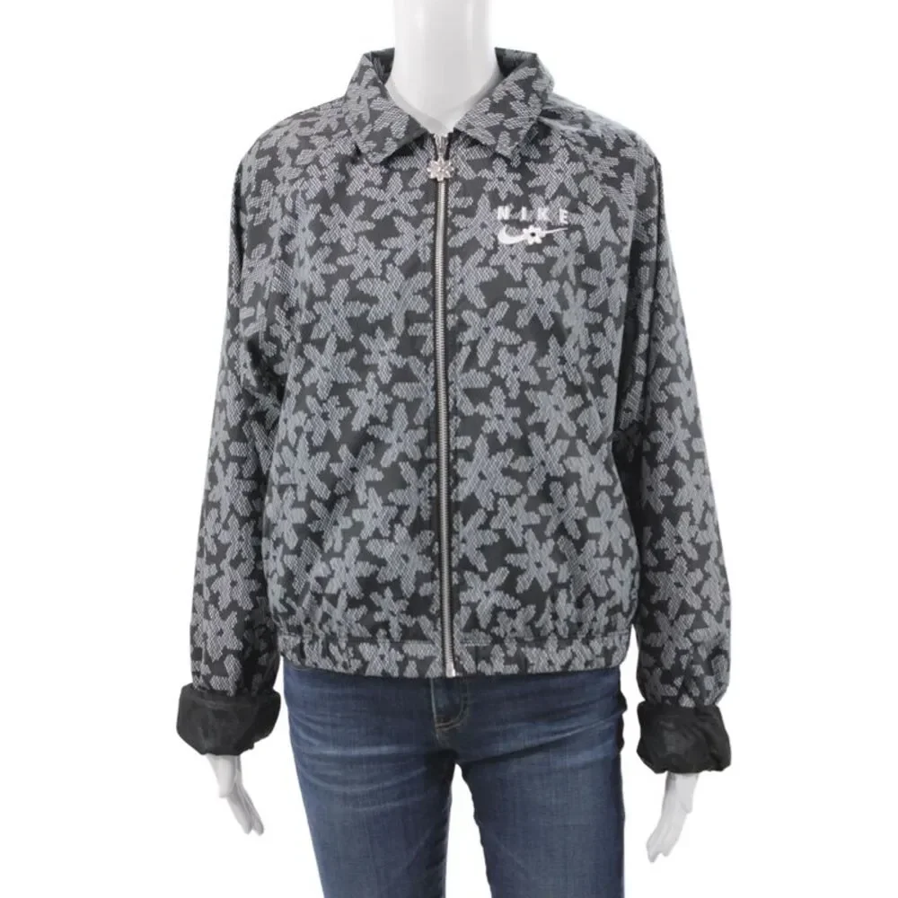 Nike Womens Windbreaker Black Geometric Cotton Collared Zip Fall Size S
